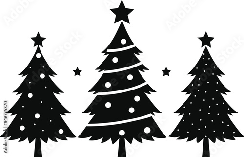 Christmas tree icons, silhouettes in black color. Vintage vector icons isolated on white background. Silhouettes of Christmas trees with a stars at the top. Big set for decoration.