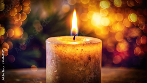 A close-up of a candle burning with a soft, warm glow