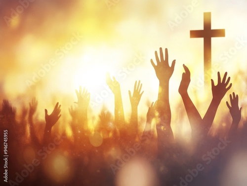 Human hands rising over blurry cross background: worship concept