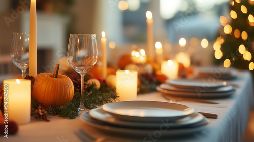 A beautifully decorated Thanksgiving dinner table set for a cozy fall gathering. The table features warm autumn colors, with candles, pumpkins, and seasonal foliage as centerpieces