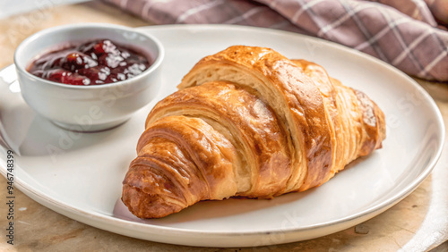 A close-up of a fresh croissant on a white plate with a small pot of jam