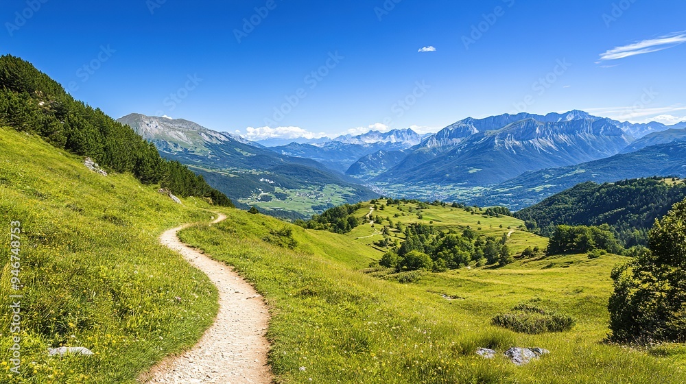 A panoramic view of a hiking trail winding through a green valley, with distant mountains and a clear blue sky A panoramic view of a hiking trail winding through a green valley, with distant mountains and a clear blue sky