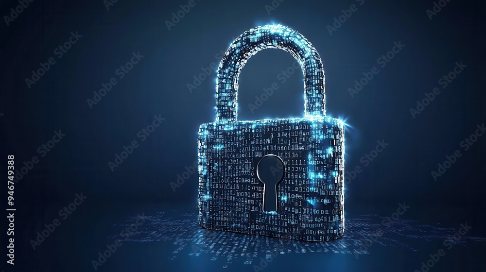 A secure digital lock design illuminated by binary code, symbolizing data protection and cybersecurity in a modern, tech-focused environment A secure digital lock design illuminated by binary code, symbolizing data protection and cybersecurity in a modern, tech-focused environment