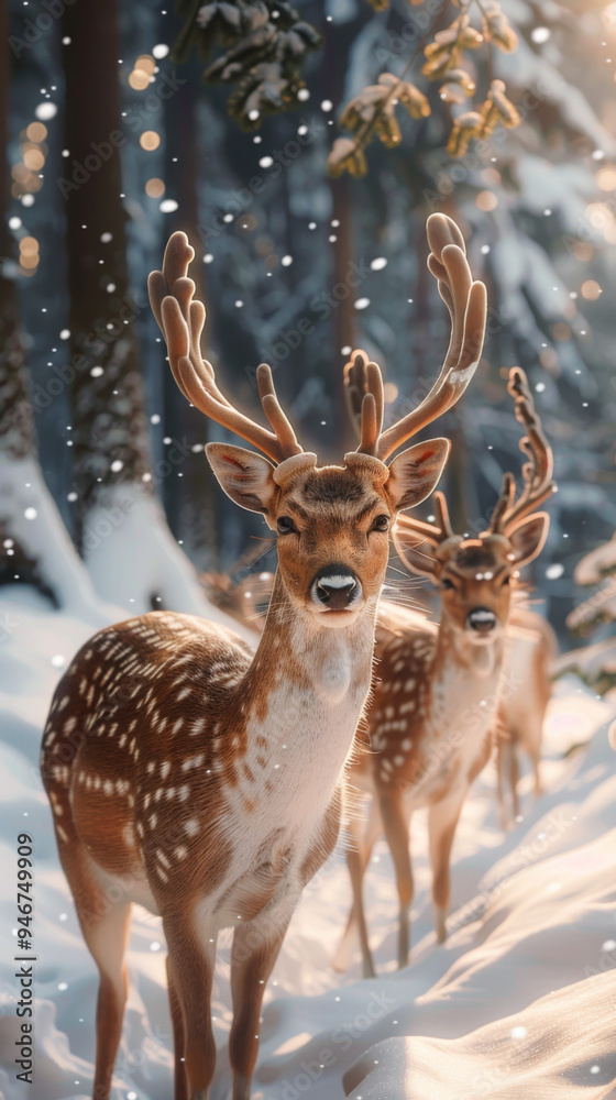Noble deer family in winter snow forest. Artistic winter Christmas landscape. Winter wonderland
