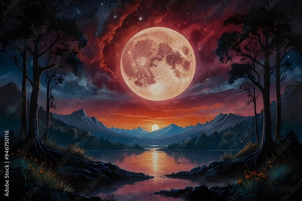 the moon with colorful rays around it with a view of the mountains the moon with colorful rays around it with a view of the mountains