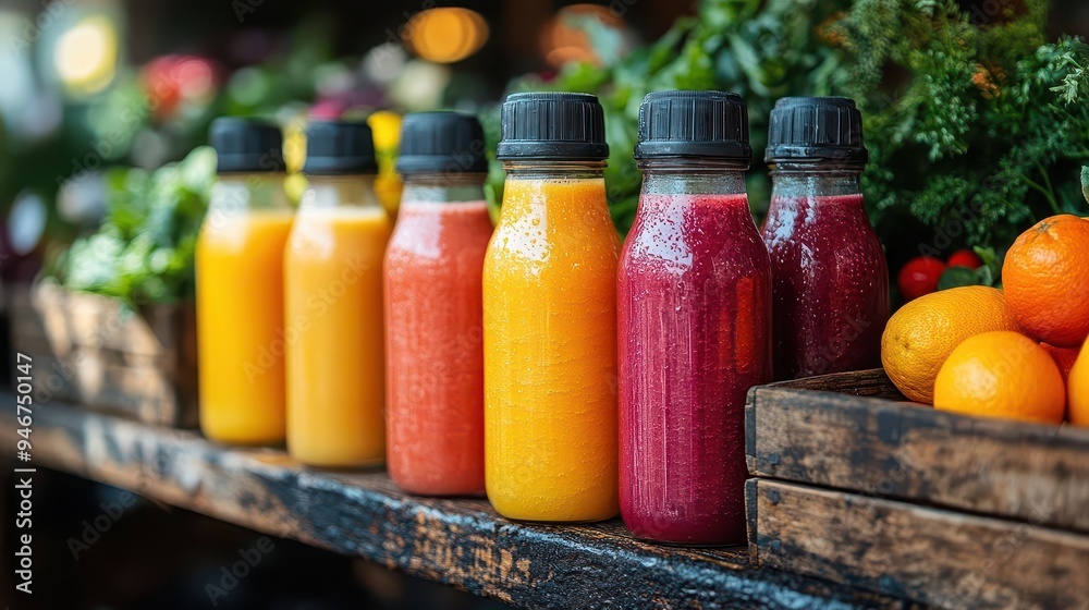 vibrant farmers market display of fresh organic juices and smoothies in glass bottles surrounded by colorful fruits and vegetables rustic wooden crates in sunlit market stall vibrant farmers market display of fresh organic juices and smoothies in glass bottles surrounded by colorful fruits and vegetables rustic wooden crates in sunlit market stall