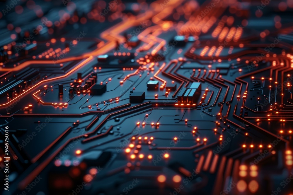 Close up view of a futuristic circuit board glowing with red lights, representing the flow of data and processing power Close up view of a futuristic circuit board glowing with red lights, representing the flow of data and processing power