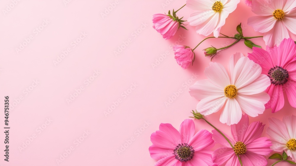 Fototapeta premium A pink background with pink flowers and a place for text. Stock