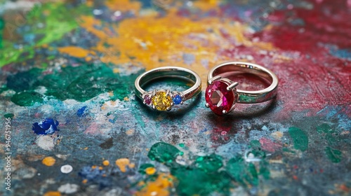 Brightly colored rings lie on a vibrant palette of paint. These jewelry pieces showcase exquisite craftsmanship and unique designs. Perfect for artistic themes and luxury collections. AI