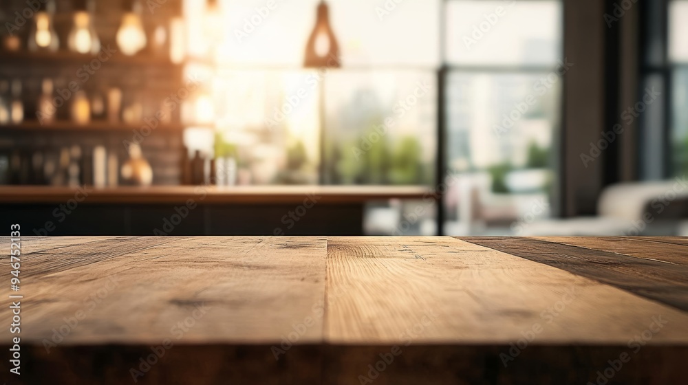 Beautiful wood table top counter and blurred bokeh modern kitchen interior background in clean and bright, ready for product montage. Stock illustration. Beautiful wood table top counter and blurred bokeh modern kitchen interior background in clean and bright, ready for product montage. Stock illustration.