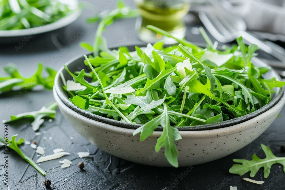 Fresh arugula salad with parmesan cheese shavings in a bowl is served on a dark background Fresh arugula salad with parmesan cheese shavings in a bowl is served on a dark background