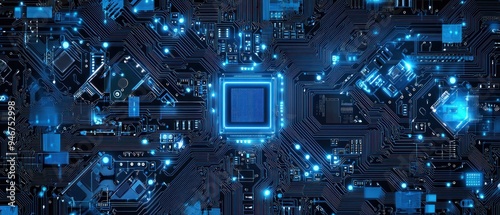 Close-up of a Circuit Board with Glowing Blue Traces