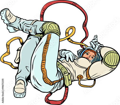 Female astronaut posing in space while lying down. Fashionable, stylish future clothing solutions. Cosmonautics Day and discovery in the stars.