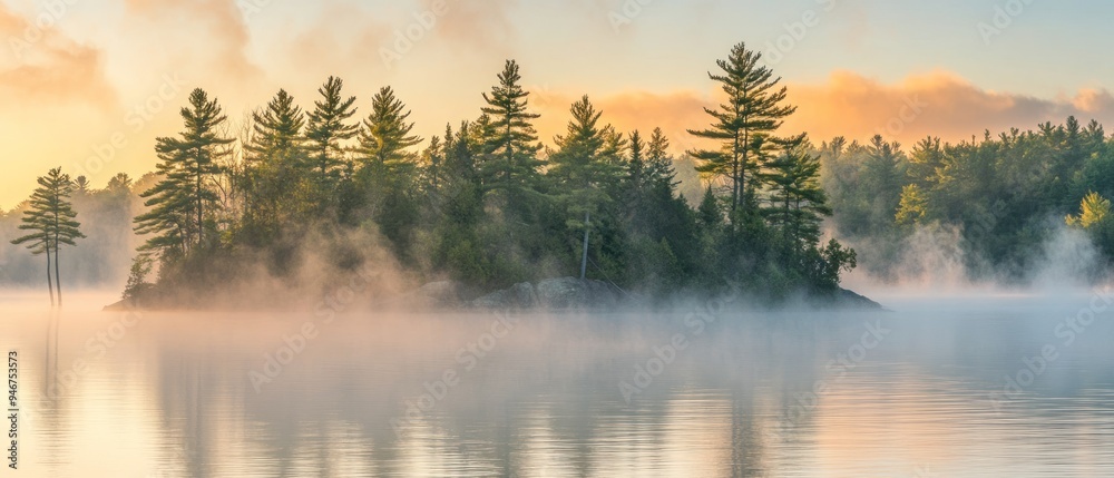Fototapeta premium Misty Sunrise Over a Forested Island