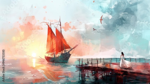 A woman is walking on a pier near a large red boat