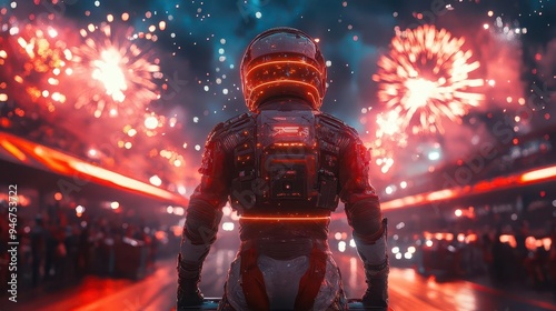 victorious cyborg racer on levitating podium futuristic racetrack with holographic fireworks and cheering robotic spectators in background photo