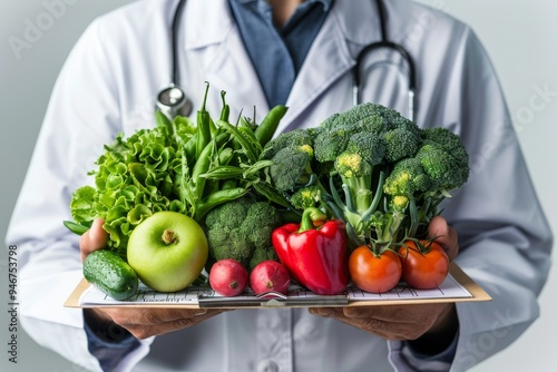 Doctor holding tray with fresh vegetables. Health and nutrition concept.