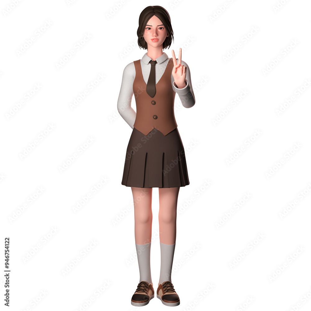 Cute girl in formal wear, Showing peace hand gesture with right hand, 3D character render Cute girl in formal wear, Showing peace hand gesture with right hand, 3D character render