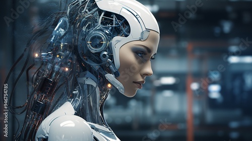 Cyborg female. Cyborg head. Cybernetic organism. Mechanical robot. Future technologies. Artificial intelligence. Artificial intelligence with neural networks.
