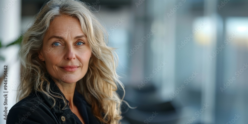 Portrait of mature woman with blonde hair in black jacket. Portrait of mature woman with blonde hair in black jacket.