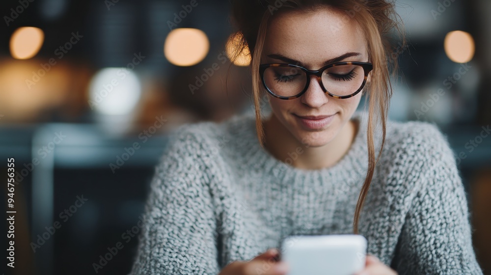A young woman with glasses is casually reading messages on her phone while seated in a cozy cafe, wearing a knit sweater, showcasing a peaceful and reflective moment. A young woman with glasses is casually reading messages on her phone while seated in a cozy cafe, wearing a knit sweater, showcasing a peaceful and reflective moment.