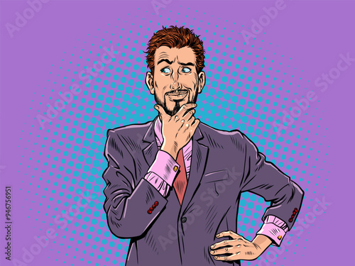 Pop Art Retro A guy in a purple suit is thinking about a problem. Come up with an interesting solution to the situation. Emotional expression of a person's face.