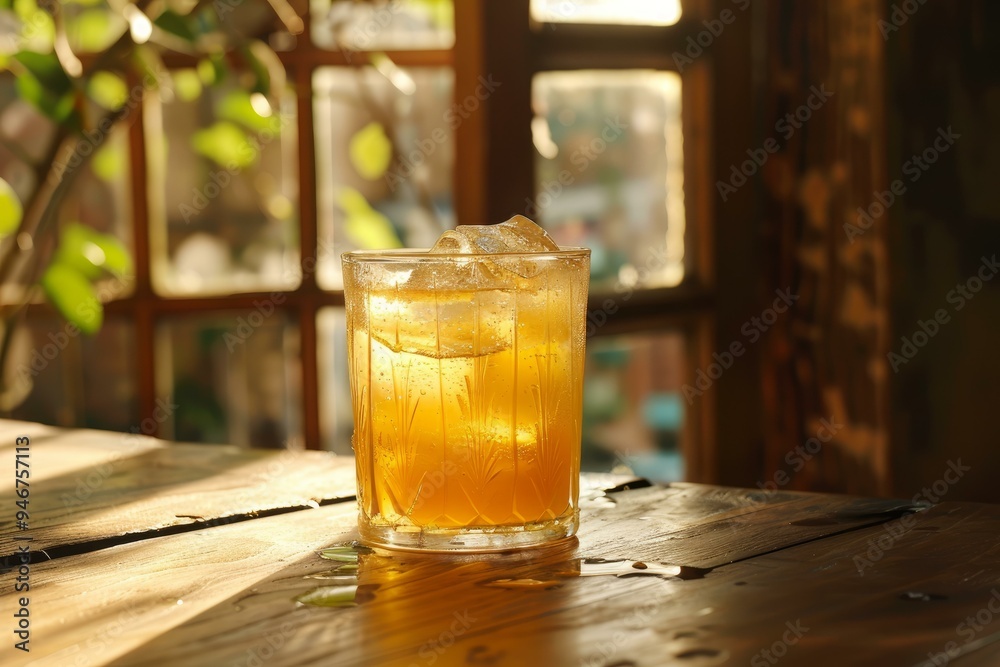 Glass of iced tea with ice cubes is sitting on a table in the sun Glass of iced tea with ice cubes is sitting on a table in the sun