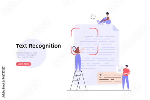 People recognize text of document with phone and ai. User scanning text file. Concept of text file recognition, OCR, optical character recognition. Vector illustration in flat design for web banner