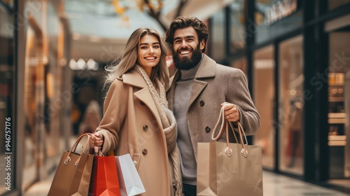 Elegant couple, luxury shopping, holding bags, mall background, chic woman, smiling man with beard, romantic vibe, high resolution.