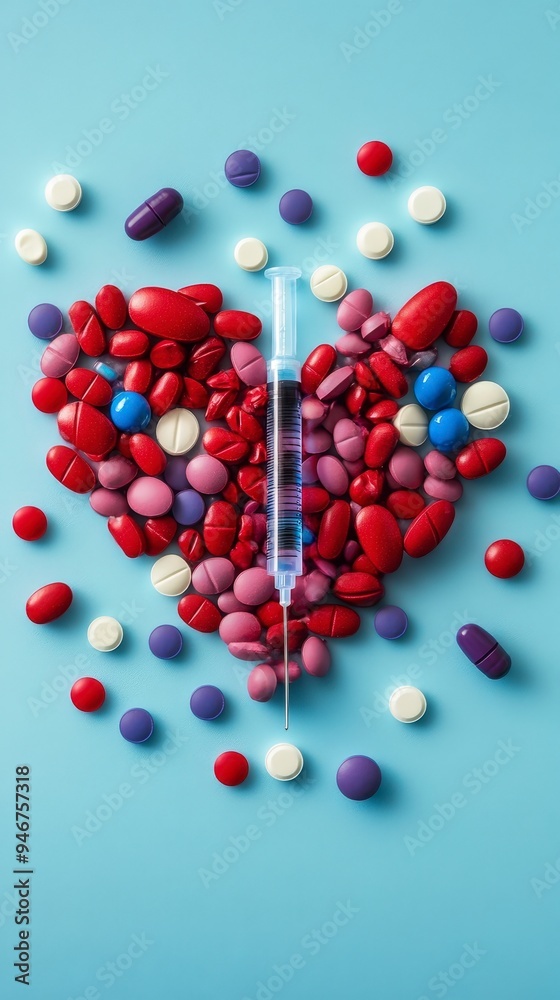 A heart-shaped arrangement of colorful pills and a syringe symbolizes health and medicine. A heart-shaped arrangement of colorful pills and a syringe symbolizes health and medicine.