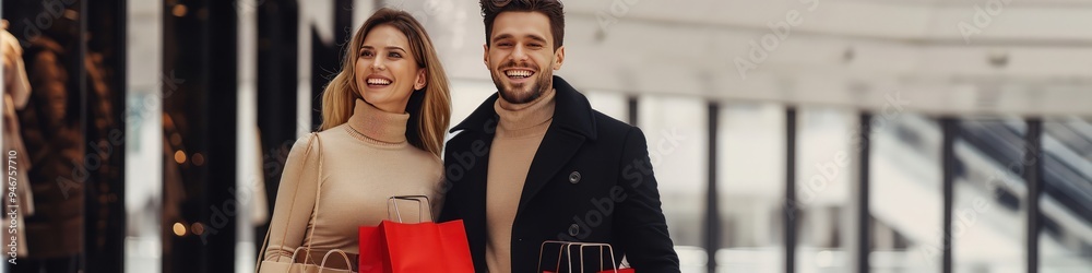 Elegant couple, mall shopping, holding bags, woman in beige turtleneck, man in black coat, smiling. Elegant couple, mall shopping, holding bags, woman in beige turtleneck, man in black coat, smiling.