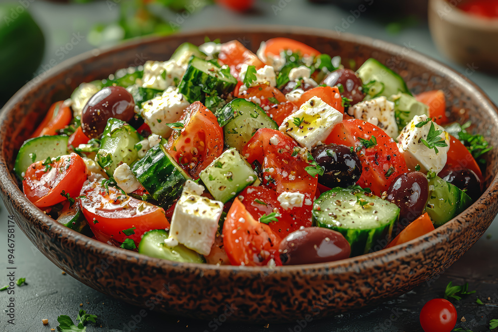 A freshly prepared Greek salad with olives, feta cheese, and cucumbers, showcasing the fresh and tangy flavors of Mediterranean ingredients. A freshly prepared Greek salad with olives, feta cheese, and cucumbers, showcasing the fresh and tangy flavors of Mediterranean ingredients.