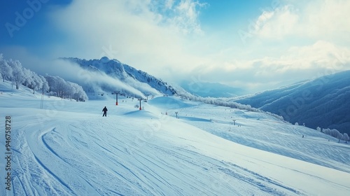 A skier carves through fresh snow on a tranquil mountain slope during a clear winter morning photo