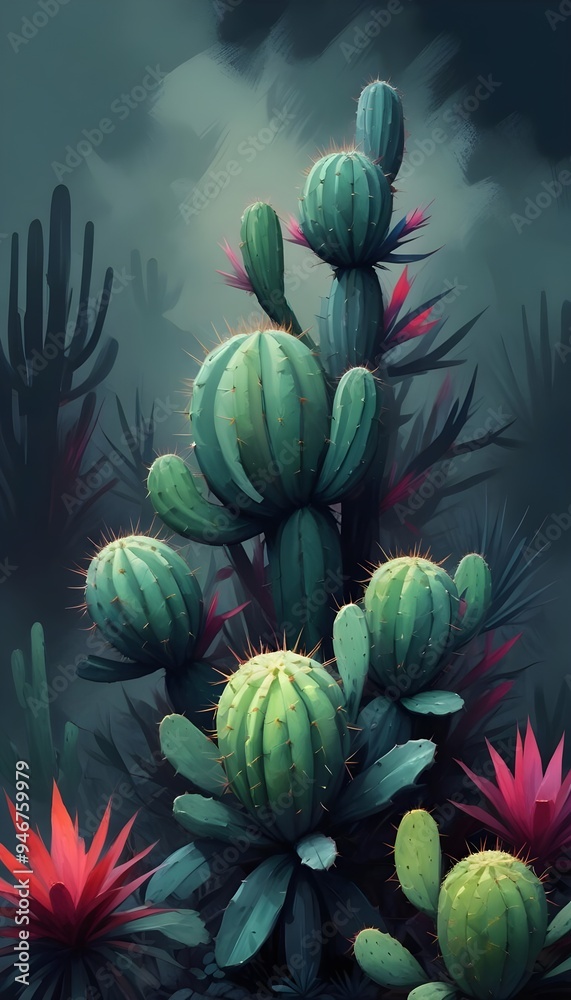 Fototapeta premium Abstract Cactus Cacti Plant Painting Desert Flower Wild Colorful Background Graphic Design