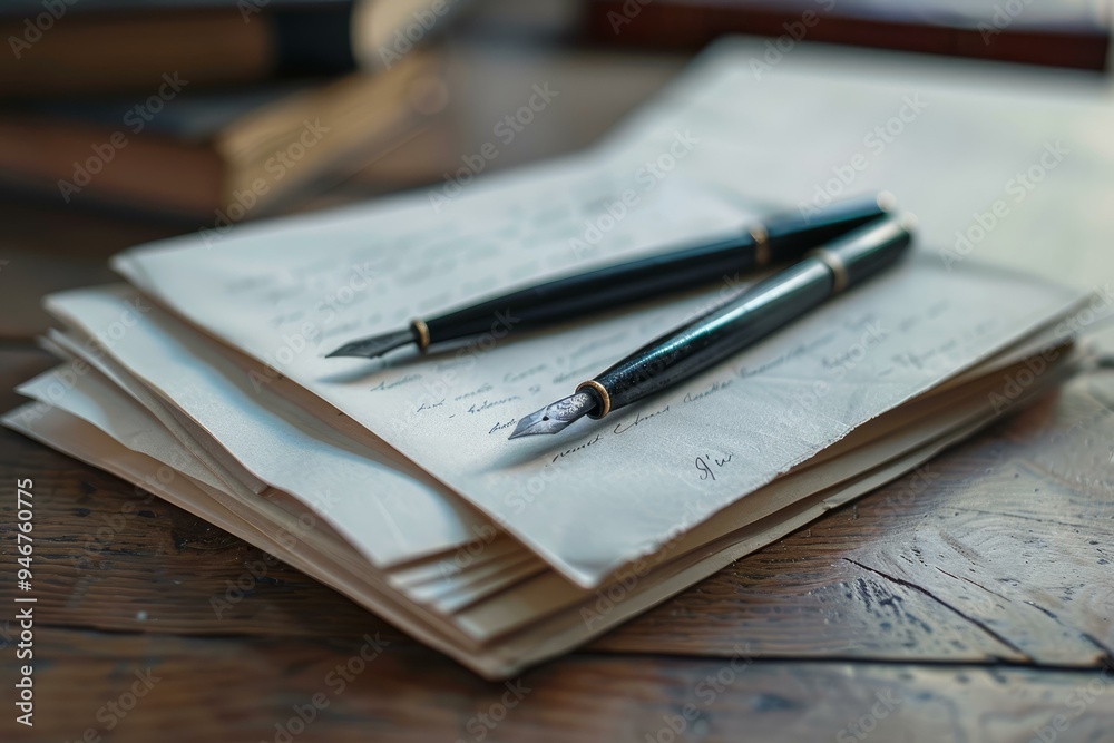 Two fountain pens are lying on handwritten letters over a rustic wooden desk Two fountain pens are lying on handwritten letters over a rustic wooden desk
