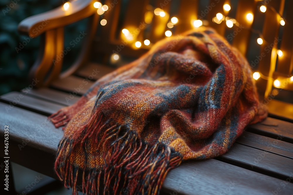 Cozy orange and red blanket draped over a wooden bench surrounded by warm twinkling lights in a peaceful outdoor setting Cozy orange and red blanket draped over a wooden bench surrounded by warm twinkling lights in a peaceful outdoor setting