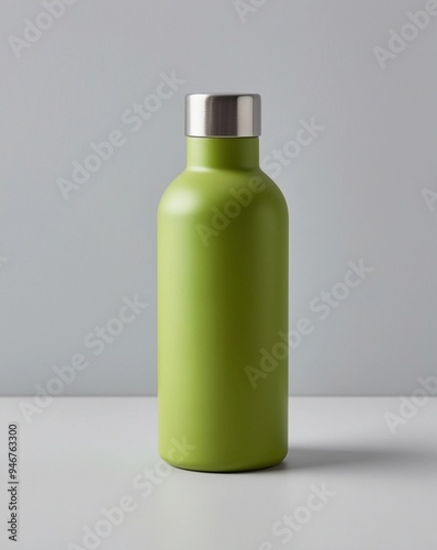 Green Insulated Water Bottle with Silver Lid on a Neutral Background 