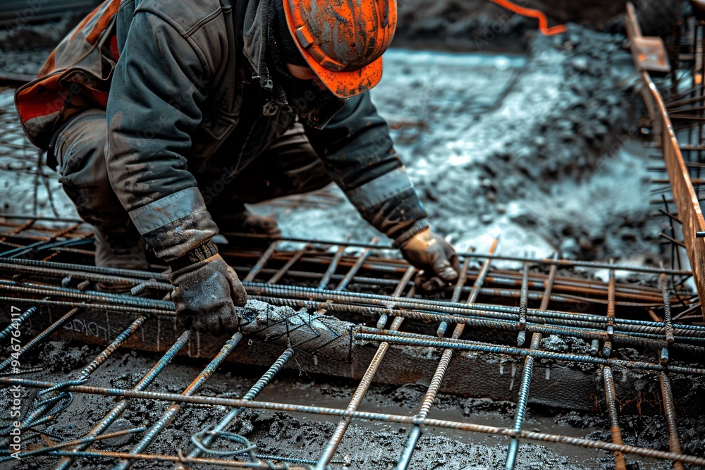 Worke in a protective glove working on a construction site. Professional construction worker. Worke in a protective glove working on a construction site. Professional construction worker.