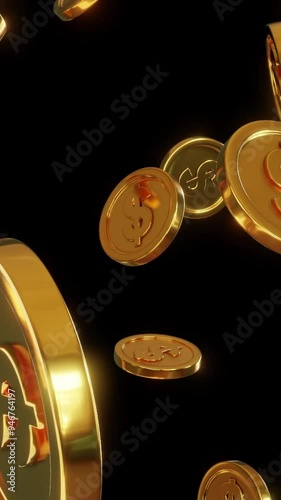 Gold coins falling on black background. vertical shot