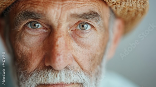 This image captures a close-up side profile of a man wearing a straw hat, showcasing the texture and detail of the hat and the person’s ear and part of their hair.