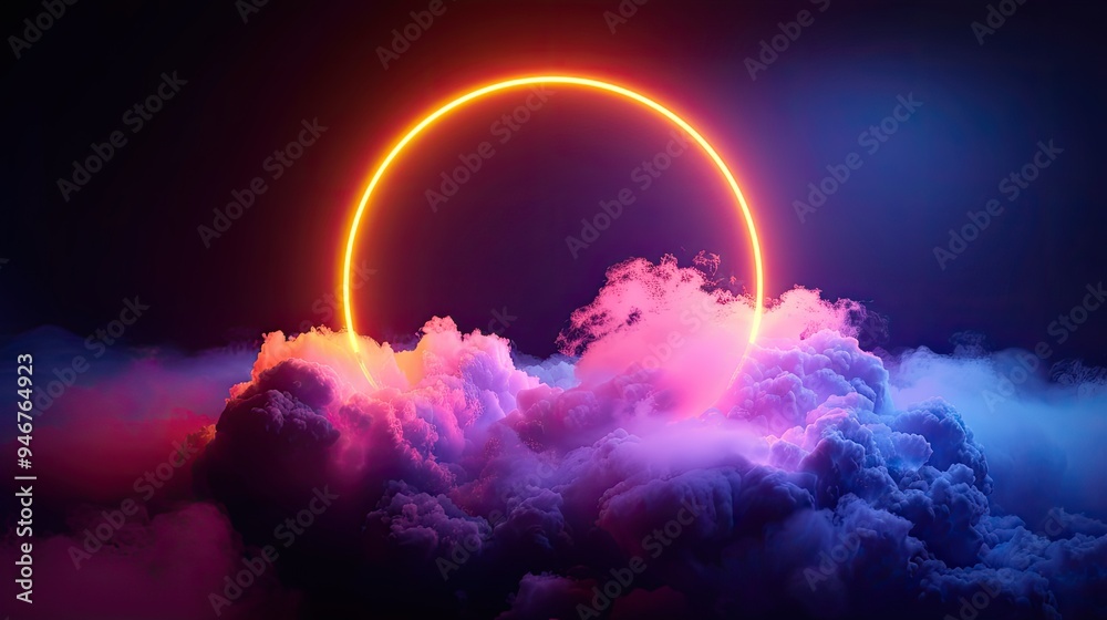 3d render, colorful neon ring glowing inside the stormy cloud on the dark sky, abstract background 3d render, colorful neon ring glowing inside the stormy cloud on the dark sky, abstract background