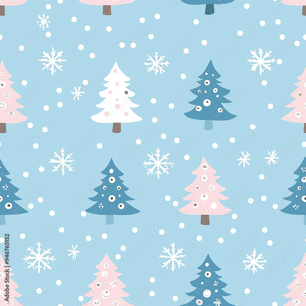 Cute, flat design simple christmas tree background. Snowflakes. Blue and pastel colors. Seamless pattern Cute, flat design simple christmas tree background. Snowflakes. Blue and pastel colors. Seamless pattern