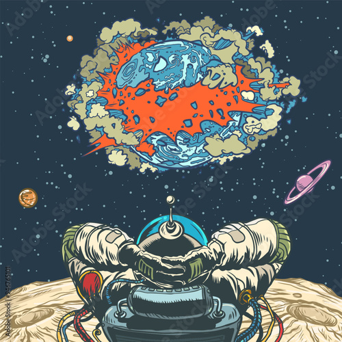 An astronaut watches the planet explode. Distant apocalyptic future in space. Watch the world collapse.