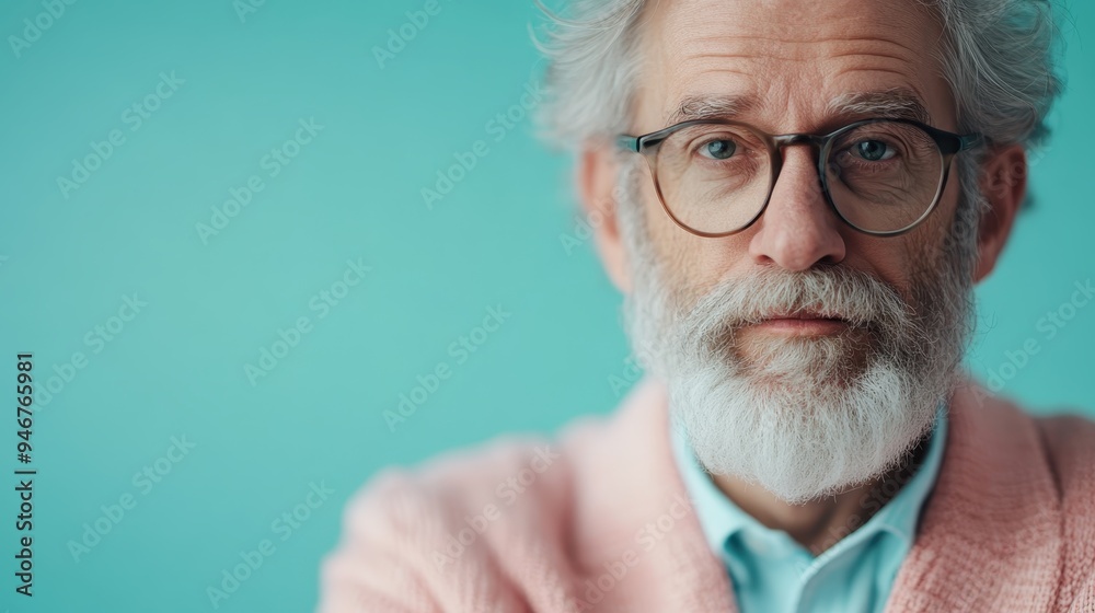 A confident elderly man with glasses and a white beard poses against a turquoise background. His calm expression and orderly appearance convey wisdom and experience. A confident elderly man with glasses and a white beard poses against a turquoise background. His calm expression and orderly appearance convey wisdom and experience.