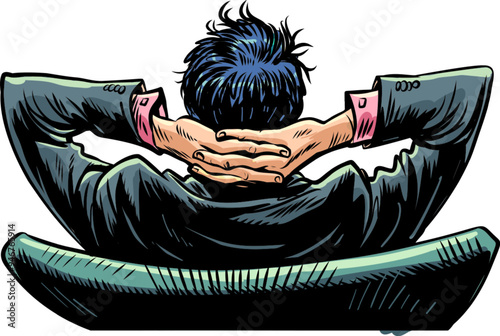 A man in a suit sits with his hands behind his head. The client observes lucrative discounts from stores. A man looks into the distance while sitting on a chair.