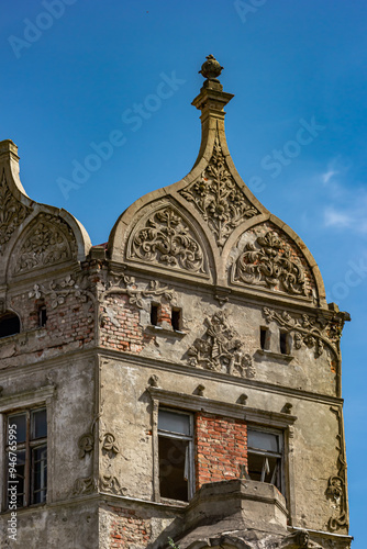 Sovetsk, Kaliningrad region, Russia, May 10, 2022 Old historic abandoned house close up photo