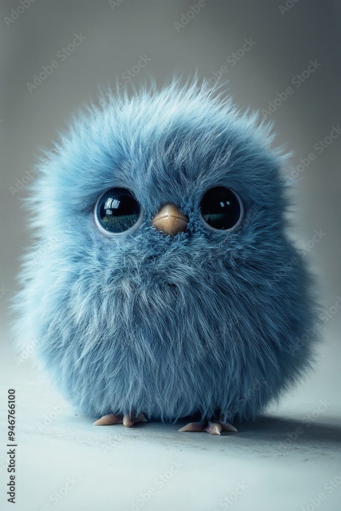 Fluffy Blue Cartoon Bird with Big Eyes on Light Background