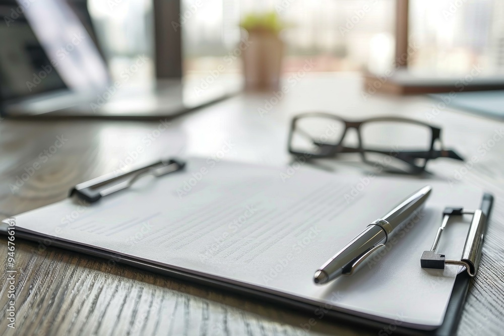 Pen resting on a contract on a clipboard with glasses on a desk Pen resting on a contract on a clipboard with glasses on a desk