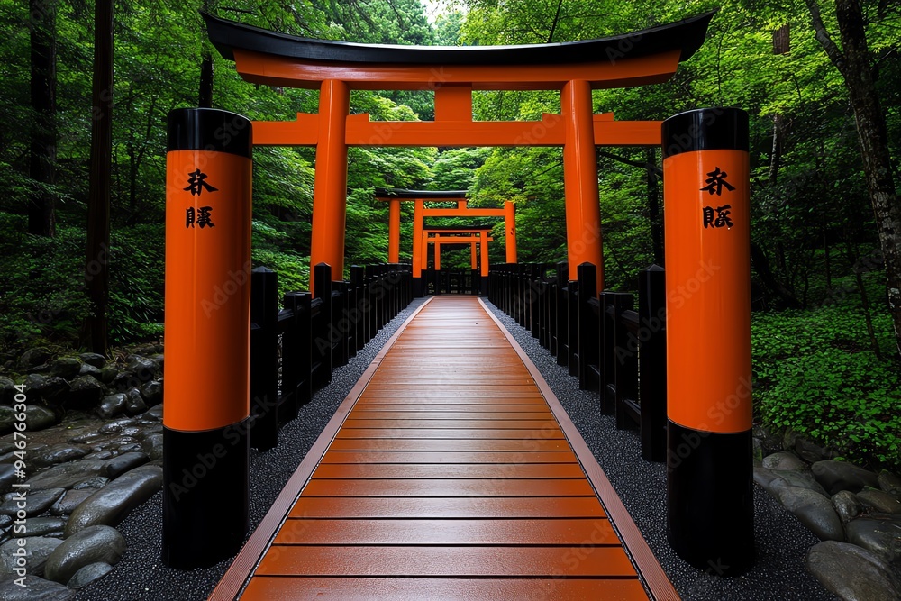 Japanese vermillion torii gates stretching through a peaceful forest path, captured in a photo that highlights their vibrant color against the greenery Japanese vermillion torii gates stretching through a peaceful forest path, captured in a photo that highlights their vibrant color against the greenery