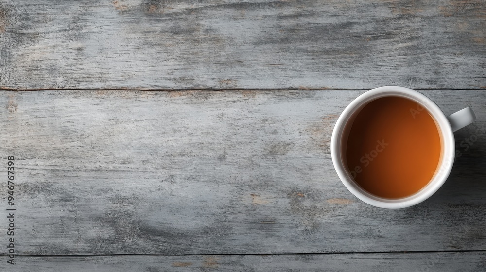 A solitary white cup of tea poised on a grey weathered wooden surface, capturing a moment of solitude and tranquility, ideal for contemplative relaxation or morning meditation.